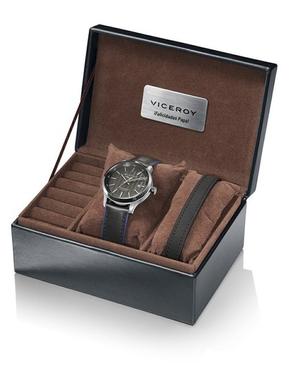 Ανδρικό μαύρο δερμάτινο ρολόι Viceroy και μαύρο δερμάτινο βραχιόλι Πακέτο 471097-99