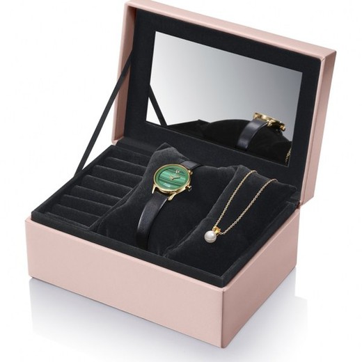 Viceroy Woman Watch Pack 471126-99 Black Leather and Pearl Pendant