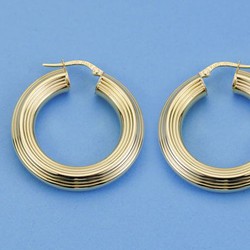 18kts Gold Striped Hollow Hoop Earrings 32x6mm 24000379