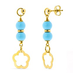 Pendientes Oro 18kts 2 Bolas Turquesa Flor 6mm 11487-T