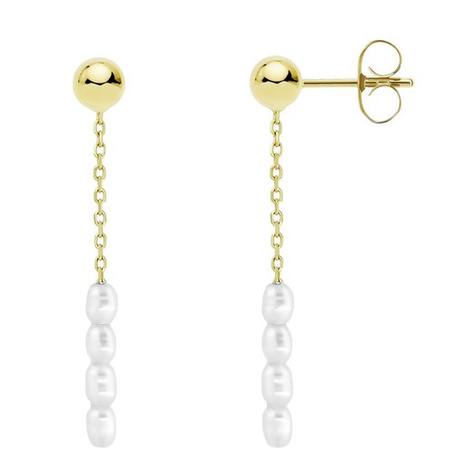 18kt Gold Earrings Smooth Ball 4mm Forced Chain Pearls 3.5-4mm Length 30mm Pressure Closure 0202851