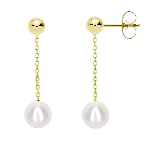 18kt Gold Earrings Smooth Ball 4mm Forced Chain Pearls 5-5.5mm Length 24mm Pressure Closure 0202729