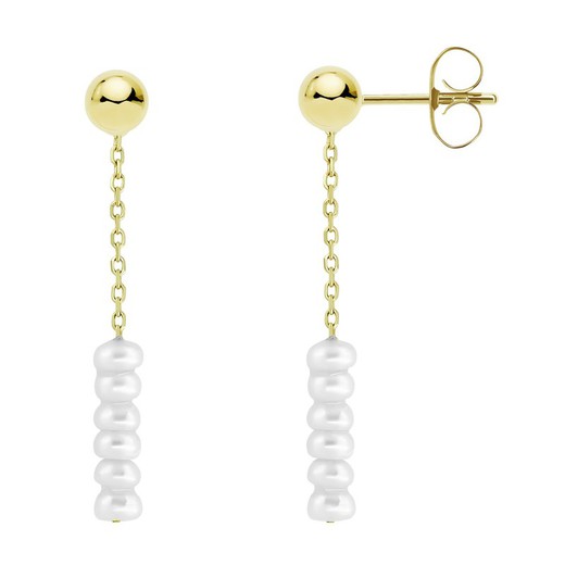 18kt Gold Earrings Smooth Ball 4mm Forced Chain Pearls Button 2.5-3mm Length 27mm Pressure Closure 0202852