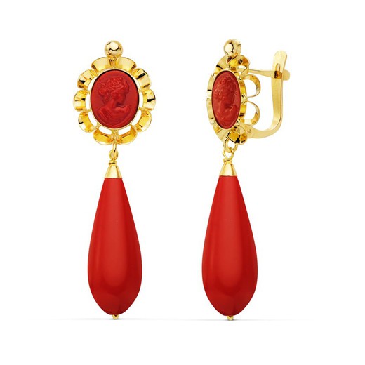 18kt Gold Coral Cameo Earrings 47X14mm 10695-C