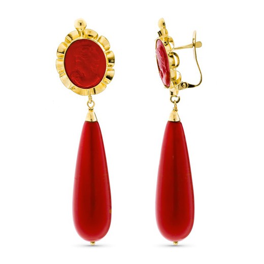 18kt Gold Earrings Coral Cameo Catalan Clasp 10694-C