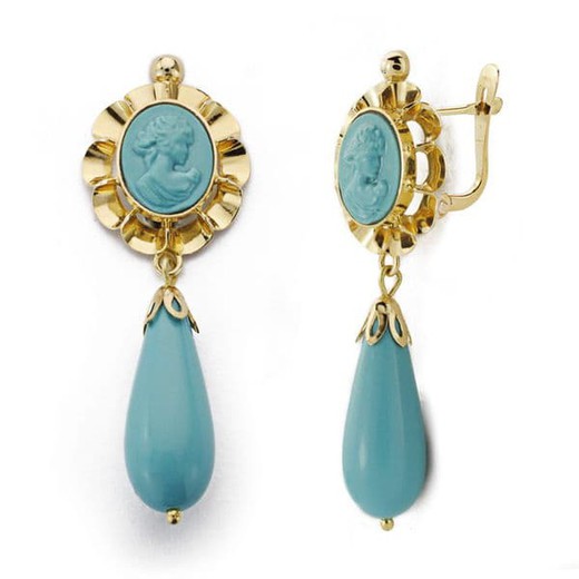 18kt Gold Earrings Turquoise Cameo 43X14mm 18361