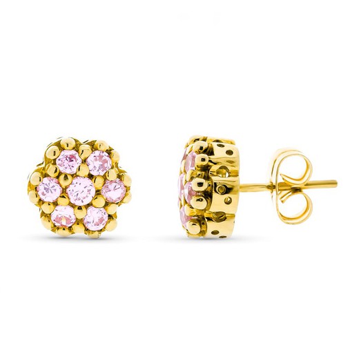 Ohrringe aus 18-karätigem Gold, rosa Zirkone, 9 mm, Druckverschluss, 11048-RS