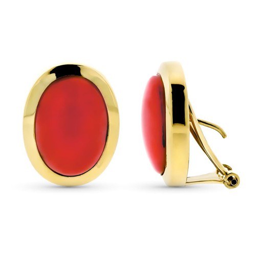18kt Gold Earrings Natural Coral Cabochon 14X10mm Omega 3874-1