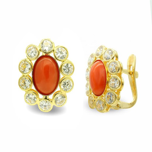 Brincos em Ouro 18kt Coral Oval Zircônia 7438-1