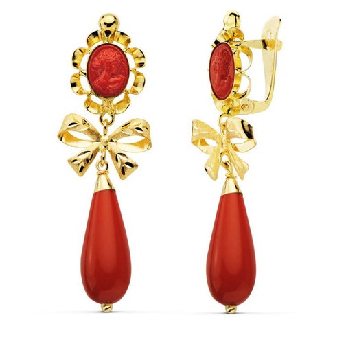 18kt Gold Coral Cameo Earrings 42X13mm 11642-C