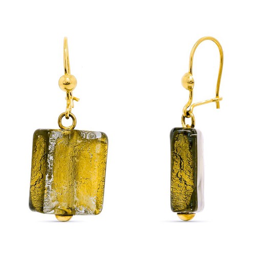 18kt Gold Earrings Green Murano Glass 33X15mm Hook Closure 15273-VE