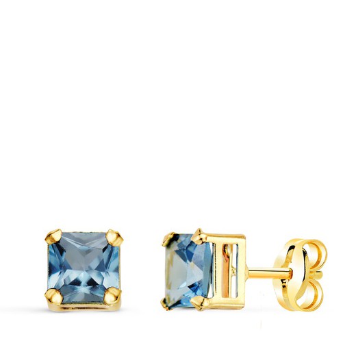18kt Gold Earrings Square Aquamarine Stone 5.5X5.5mm Pressure Closure 21322-AM