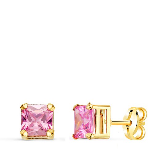 Ohrringe aus 18-karätigem Gold, quadratischer rosafarbener Stein, 5,5 x 5,5 mm, Druckverschluss 21322-RS