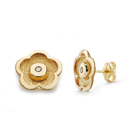 18kt Gold Earrings Flower Zircons 10X10mm 18653