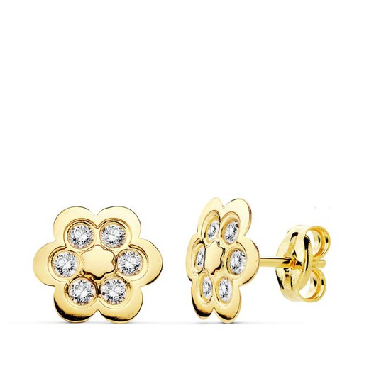 18kt Gold Earrings Flower Zircons 9X9mm 18882