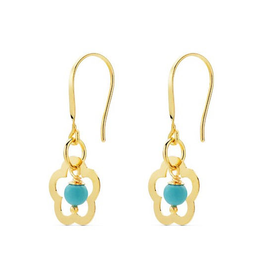 18kt Gold Earrings Turquoise Coral Flower 28X12mm Hook 15356