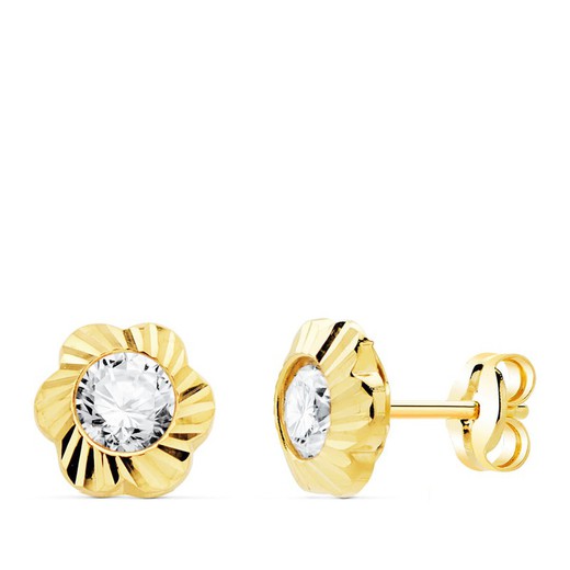Ohrringe aus 18-karätigem Gold, geschnitzte Blume, Zirkonia, 7 x 7 mm, Druckverschluss 210003-PR