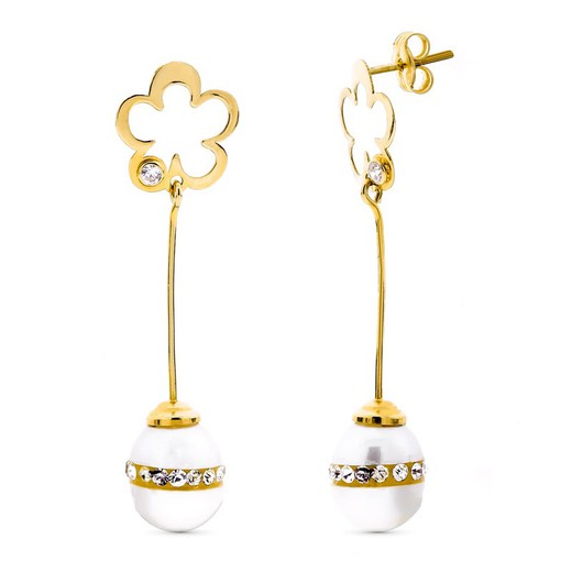 Long 18kt Gold Flower Pearl Pressure Earrings 15883