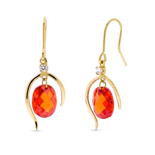 Long 18kt Gold Earrings Orange Stone 10X8mm Zirconia 15485-NR