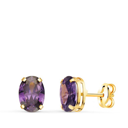 18kt Gold Earrings Oval Amethyst Stone 7X5mm Pressure Closure 21289-AT