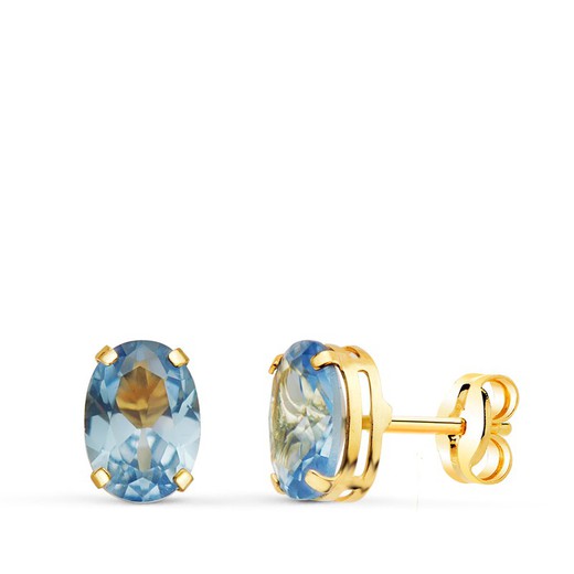 Ohrringe aus 18-karätigem Gold, ovaler blauer Stein, 7 x 5 mm, Druckverschluss, 21289-AM