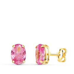 Pendientes Oro 18kts Oval Piedra Rosa 7X5mm Cierre Presión 21289-RS