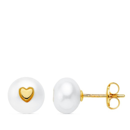 18kt Gold Pearl Button Earrings 7.5mm Heart Pressure 21057