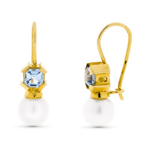 18kt Gold Earrings Cultured Pearl 7mm Aquamarine 11234-PAM