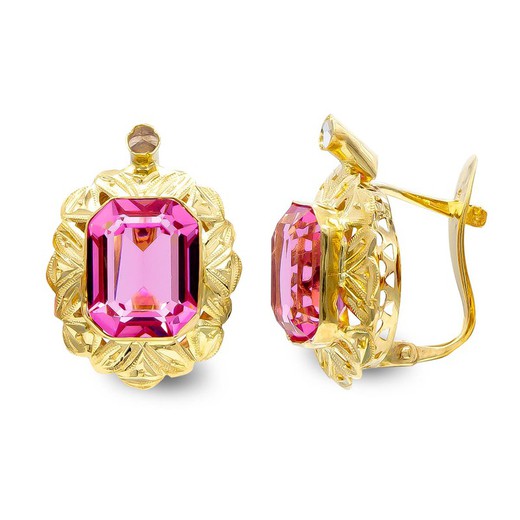 18kt Gold Earrings Pink Stone 10X8mm Zirconia 7934-PRS