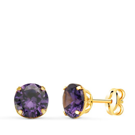 18kt Gold Earrings Round Amethyst Stone 6mm Pressure Closure 21290-AT