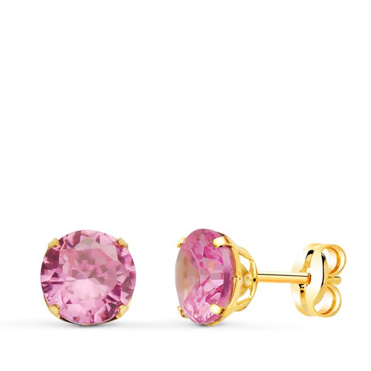 18kt Gold Earrings Round Pink Stone 6mm Pressure Closure 21290-RS