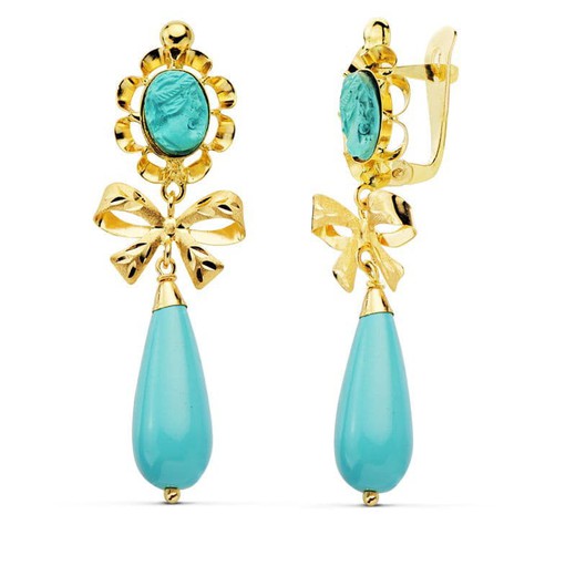 18kt Gold Turquoise Cameo Earrings 42X13mm 11642-T