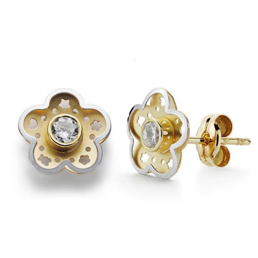 Bicolor 18kt Gold Earrings Flower Zirconia 8mm 18476