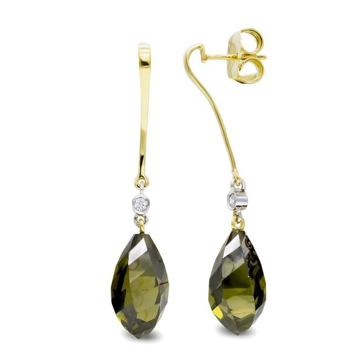 Boucles d'Oreilles Longues Or Bicolore 18 Carats Zircone Olivine 18mm 15373-OL