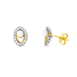 Pendientes Oro Bicolor 18kts Perla 3mm 8X5mm Presión 18229