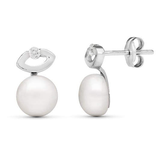 18k White Gold Earrings Cultured Button Pearl Zirconia 7mm 12X7mm 18204