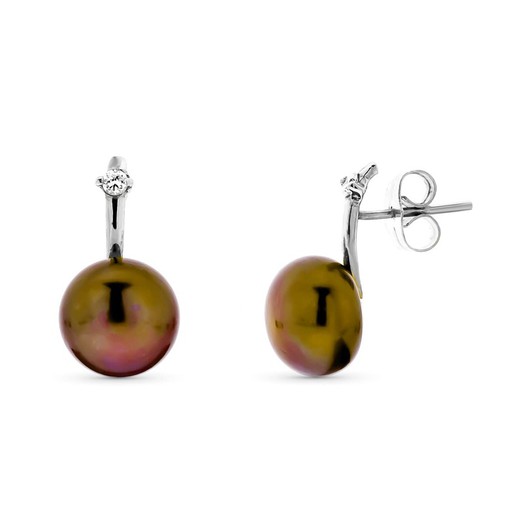Orecchini con bottone in perla in oro bianco 18 carati da 10 mm marrone 15588-OBMR
