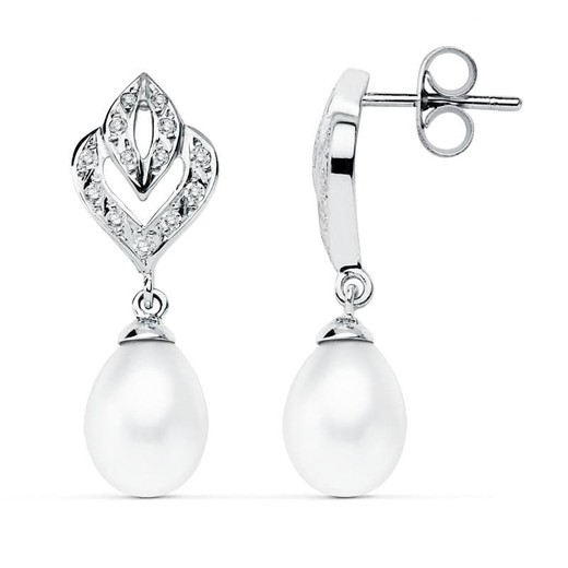 Boucles d'oreilles en or blanc 9 carats 28x10 mm 9K15451 perle et zircone