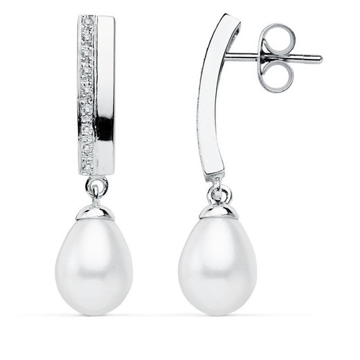 Boucles d'oreilles Or Blanc 9kt 30x7mm 9K15431 Perle et Zircone