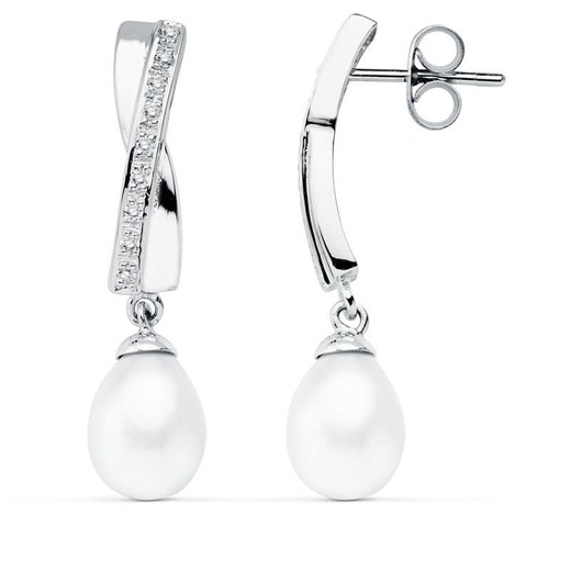 Boucles d'oreilles Or Blanc 9kt 32x7mm 9K15430 Perle et Zircone