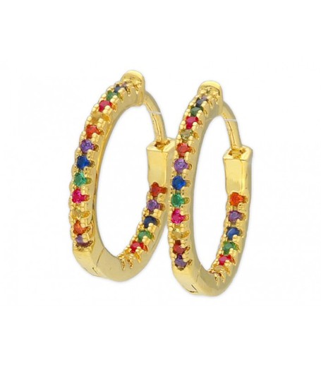 Brincos Prata Dourado 16mm Liska MED145A-D 3 Argolas Zircões Multicoloridas