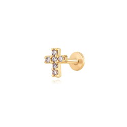 Piercing aus goldenem Stahl, 6 mm, PZA0022DO, Kreuz mit Zirkonia