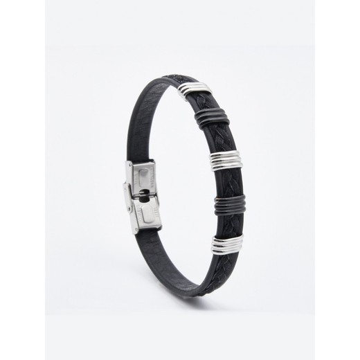 Pulsera Acero Bicolor Negro Sovrani AV0097 Piel Negra Trenzada