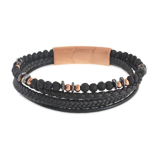 Pulsera Acero Bicolor Rosa Sovrani AV0118 Multiple Piel Negra Y Cuentas Negras