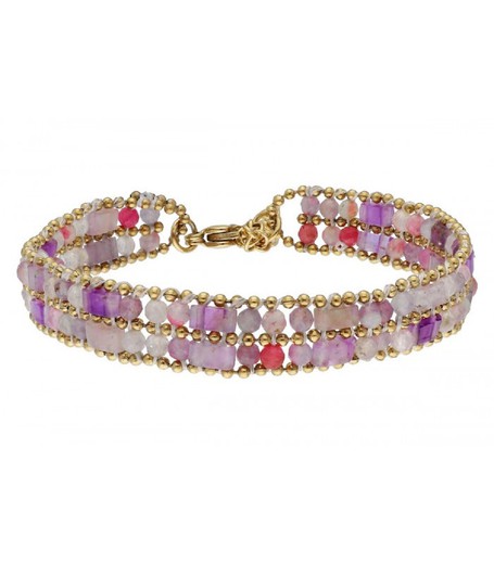 Pulsera Acero Dorado Liska Mujer SHA186 Piedras Naturales Rosadas