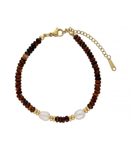 Pulsera Acero Dorado Liska Mujer SHA220BR Perlas Ojo De Tigre