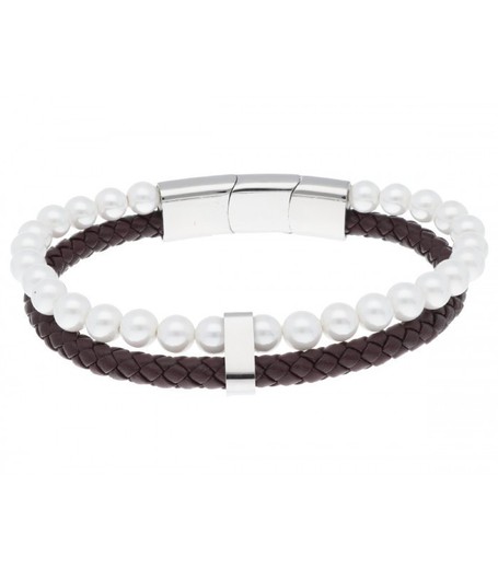 Pulsera Acero Hombre 6mm Liska RB233BR-6 Piel Marrón Perlas