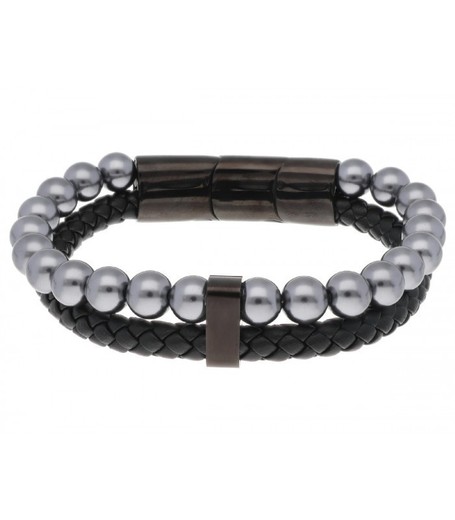 Pulsera Acero Hombre 8mm Liska RB234BR-8 Piel Negra Perlas