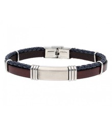 Pulsera Acero Hombre Liska 84BA1056 Piel Marrón Bicolor Azul Trenzada