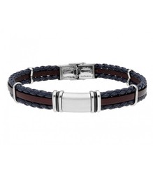 Pulsera Acero Hombre Liska 84BA1057 Piel Marrón Bicolor Azul Trenzada